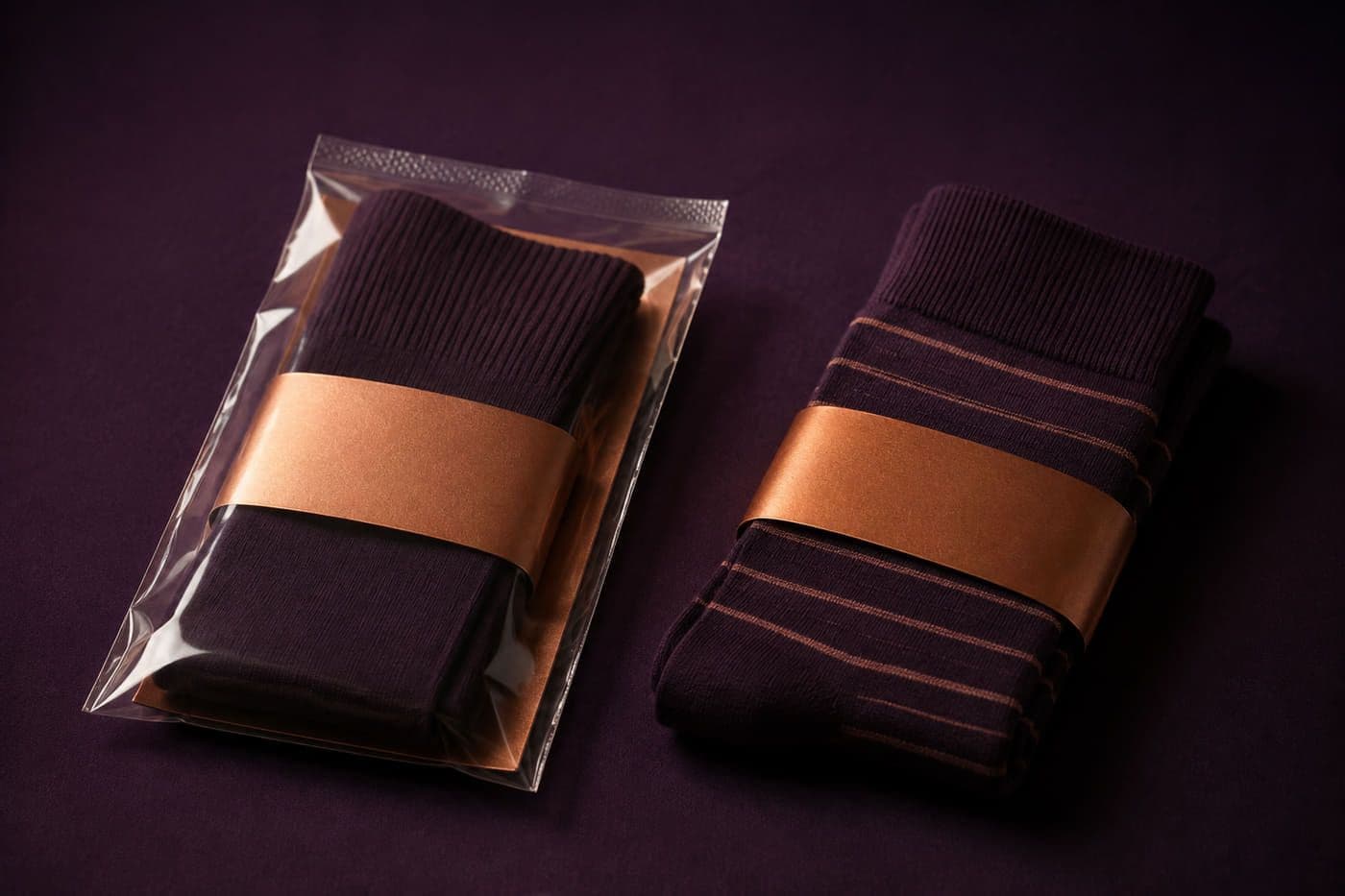 Two folded pairs side by side, the left one inside a clear sealed bag and the right one unwrapped