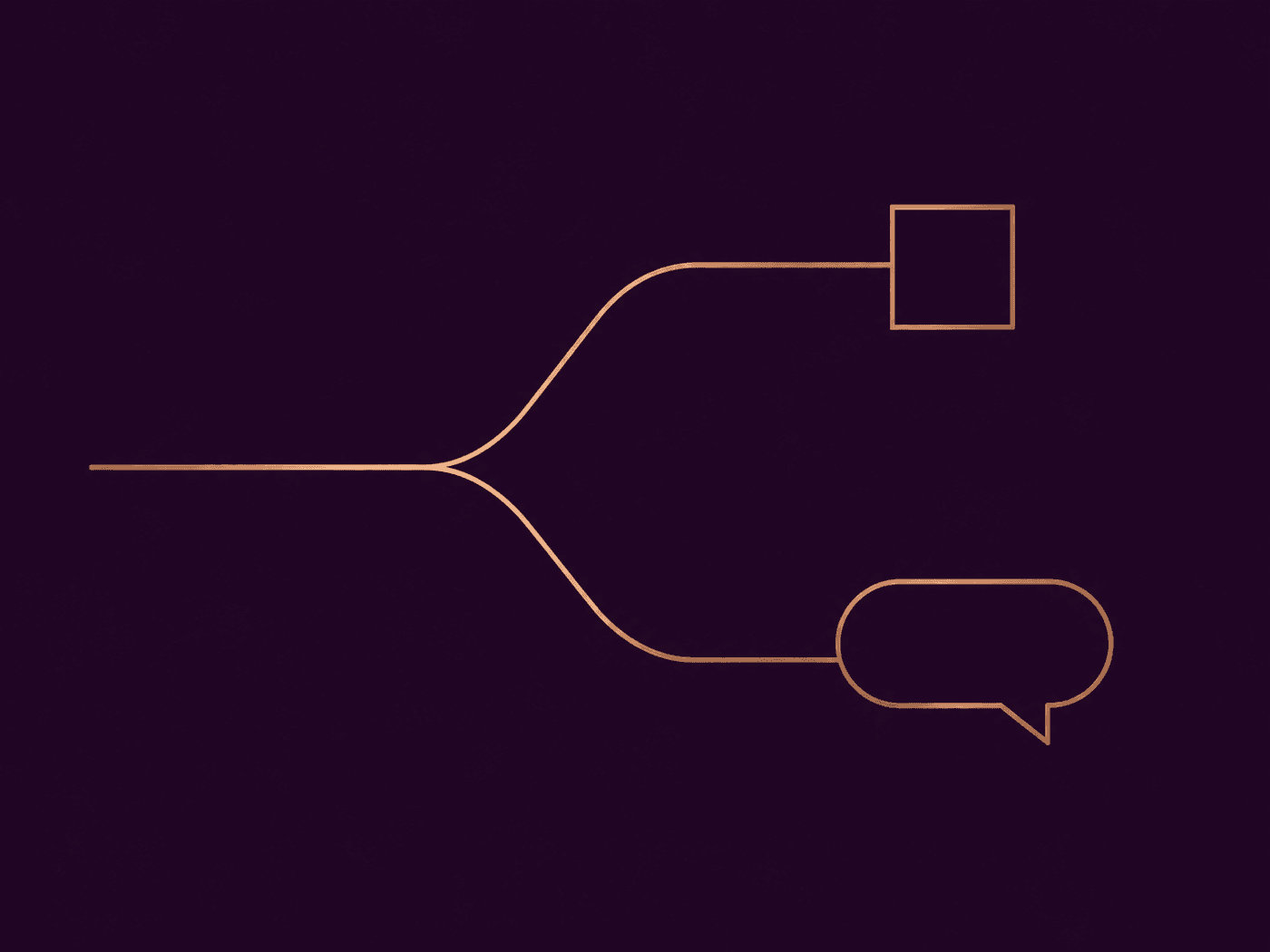 A single line forking into two branches, one ending at an open box and one at an empty speech bubble